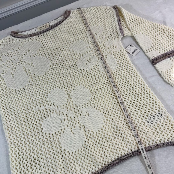 NWT Free People Hidden Tropics Sweater Ivory Purple Trim Open Knit Sz MD Boho - Picture 12 of 13